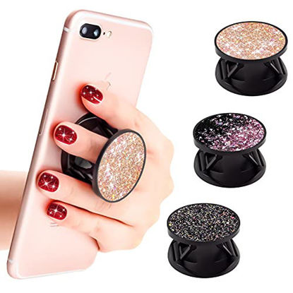 Picture of DaBuBu New Version Phone Holder 3 Pack Black Purple Pink Glitter Art Expanding Grip Stand Finger Holder for Smartphone and Tablets