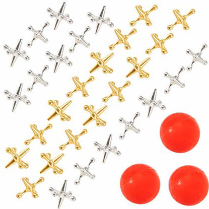 Picture of Biubee 3 Sets Retro Metal Jacks and Ball Game- 30 Pcs Gold and Silver Toned Jacks with 3 Red Rubber Bouncy Balls, Classic Game of Jacks for Party Favor, Game Prizes, Kids and Adult of All Ages