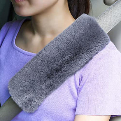 Picture of 4 Pack Faux Sheepskin Car Seat Belt Pads Seatbelt Protector Soft Comfort Seat Belt Shoulder Strap Cover Harness Pad Protect Neck and Shoulder (Misty Gray)