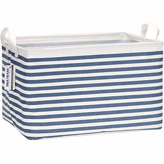 Picture of Sea Team Collapsible Canvas Fabric Storage Basket with Handles, Rectangle Waterproof Storage Bin, Box, Cube, Foldable Shelf Basket, Closet Organizer, 16.5 x 11.8 x 9.8 Inches, Navy Stripe