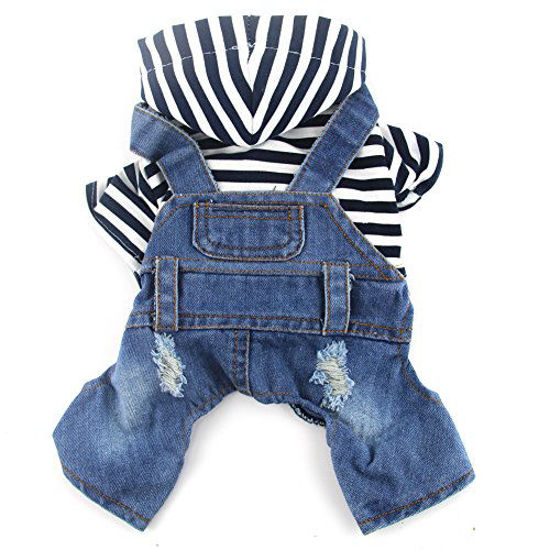 Picture of DOGGYZSTYLE Pet Dog Cat Hoodies Clothes Black Striped Denim Outfits Blue Jeans Jumpsuits One-Piece Jacket Costumes Apparel Hooded Coats for Small Puppy Medium Dogs(Blue,S)