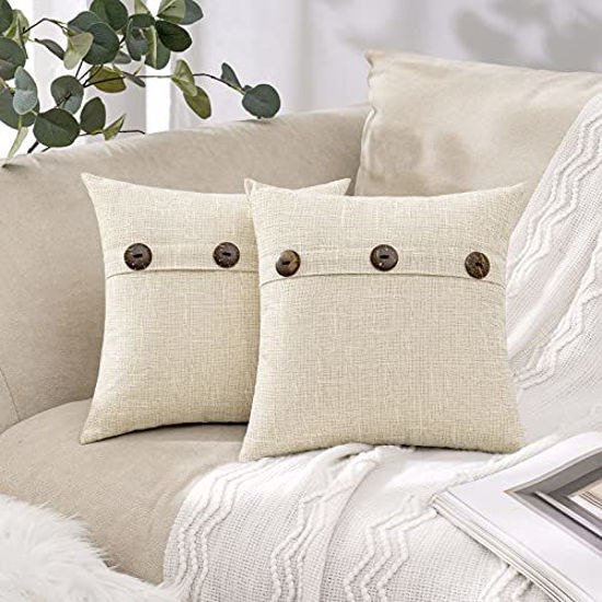 Picture of MIULEE Set of 2 Decorative Linen Throw Pillow Covers Cushion Case Triple Button Vintage Farmhouse Pillowcase for Couch Sofa Bed 12 x 12 Inch Beige