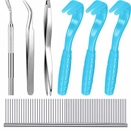 Picture of Tick Removal Tool Kit, Include 3 Pieces Plastic Removers, 3 Pieces Stainless Steel Tweezers with Comb for Dog and Cats (Light Blue)