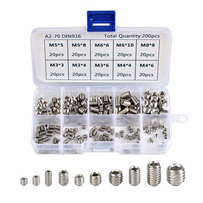 Picture of QLOUNI 200pcs M3 M4 M5 M6 M8 Allen Head Socket Hex Grub Screw Set Cup Point Assortment Kit (Metric, 304 Stainless Steel)