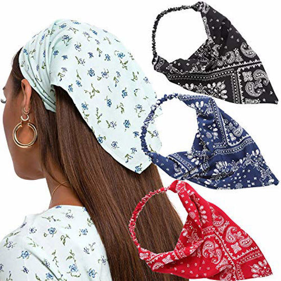 Picture of Floral Elastic Hair Scarf Headband - 3 PCS Chiffon Head Kerchief Headband Print Floral Hair Scarves with Hair Clips Kerchief Head Scarf Hair Bandanas for Women (Cashew(Black/Navy/Red))