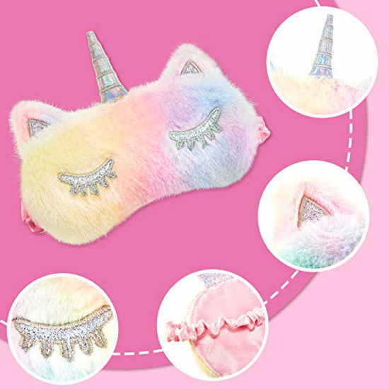 Picture of 3 Pieces Plush Sleeping Eye Cover Bunny Eye Blindfold Cat Sleep Eye Cover Unicorn Sleeping Eye Shade Soft Funny for Kids Girls and Adult Travel (Unicorn Style)