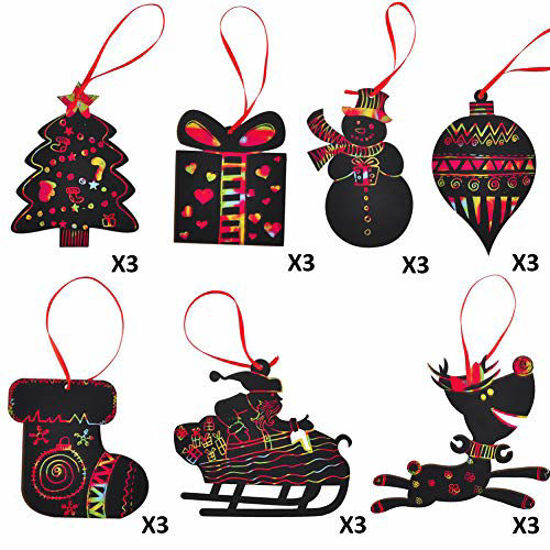 Picture of Christmas Scratch Ornaments, Magic Rainbow Color Craft Kit Toy with Snowman, Reindeer, Gift Box, Socks, Christmas Tree for Kids Xmas Crafts Art Decorations, 21 Pack