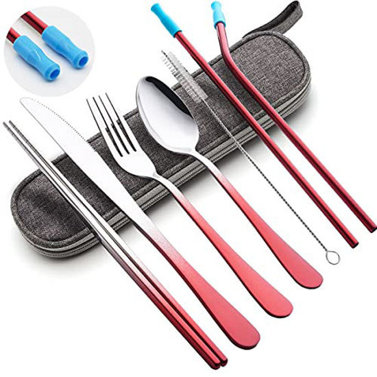 Picture of Travel Utensils Set with Case Reusable Portable Cutlery Set Stainless Steel 8pcs Including Dinner Knife Fork Spoon Chopsticks straws (Gradient Red)