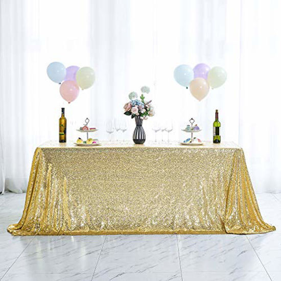 Picture of Hahuho 50x50 inch Square Sequin Tablecloth Gold, Glitter Tablecloth for Bridal Shower Decorations, Birthday, Wedding, Dessert, Banquet50x50 Inch, Gold