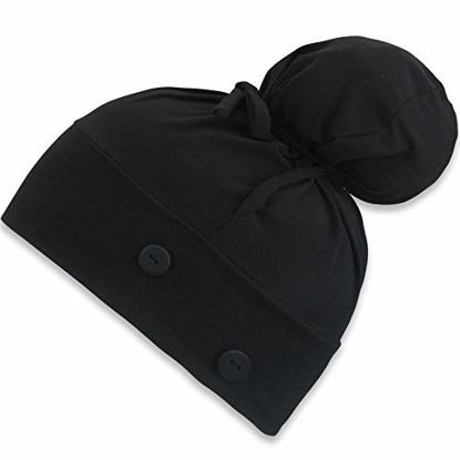 Picture of ABAMERICA Working Cap with Button Long Hair, Adjustable Working Hat Ponytail Holder, Tie Back Hats for Women & Men, One Size (1 Pack:Small-Stretchy Black)