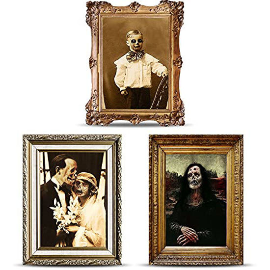 Picture of Halloween Decorations 3D Changing Face Horror Pictures Moving Portrait Haunted Pictures Gothic Mansion Portraits Tabletop Picture Frame Scary Wall Decoration for Halloween Party House (Classic,3 PCS)