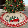 Picture of Juegoal 32 Inch Christmas Tree Skirt, Burlap Xmas Tree Mat with Red and White Plaid Edge, Dog in Truck Merry Christmas Base Cover for Tree New Year Party Home Holiday Decorations