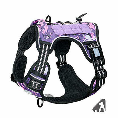 Picture of Auroth Tactical Dog Training Harness No Pulling Front Clip Leash Adhesion Reflective K9 Pet Working Vest Easy Control for Small Medium Large Dogs Purple Camo S