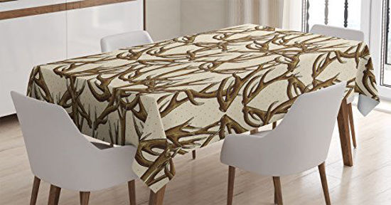 Picture of Ambesonne Antlers Tablecloth, Deer Antlers on Dotted Background Polkadot Vintage Horn Collecting Winter, Dining Room Kitchen Rectangular Table Cover, 52" X 70", Brown Umber