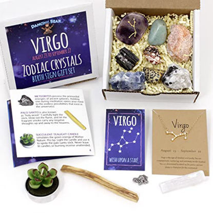 Picture of DANCING BEAR Virgo Zodiac Healing Crystals Gift Set (14 Pc): 9 Stones, 18K Gold-Plated Constellation Necklace, Meteorite, Succulent Candle, Palo Santo Smudge Stick & Info Guide, Made in The USA