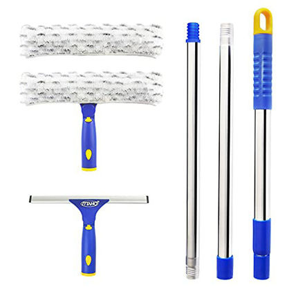 Picture of ITTAHO Squeegee for Window Cleaning,10" Squeegee & 11" Microfiber Scrubber Combi with Stainless Steel Pole,Extendable Squeegee Window Cleaner for Car,Sliding Door,Shower Glass Door-Swivel Style-2 Pads