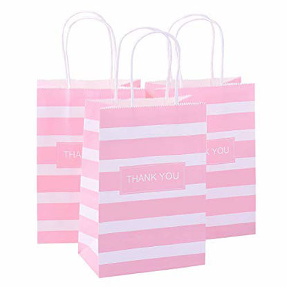 Picture of Ronvir Pink Stripe Kraft Paper Bags with 'Thank You' 5 x 3.75 x 8 inches (Pack og 50), Gift Party Bags with Handles, Kraft Bags, Shopping Bags, Retail Grocery Bags