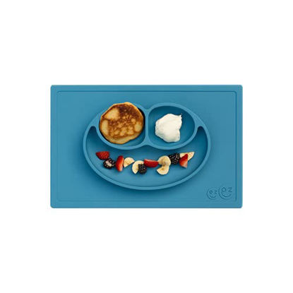Picture of ezpz Happy Mat (Blue) New Version - 100% Silicone Suction Plate with Built-in Placemat for Toddlers + Preschoolers - Divided Plate - Dishwasher Safe