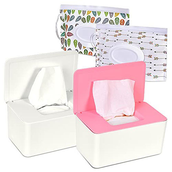 Picture of TORASO Large-Sized, 2 PCS Baby Wipes Dispenser with Lid and 2 PCS Pouch with Lid, Baby Wipe Holder Keeps Wipes Fresh Simple Style Wipe Container Regular Storage Case Box (PK,WH+2,Large)