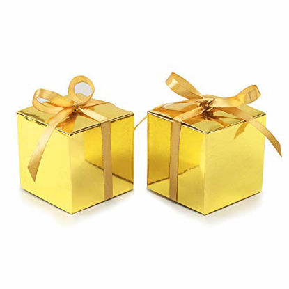 Picture of COTOPHER 100pcs Wedding Favor Boxes, Paper Gift Boxes 3x3x3 Inches Small Gift Boxes with Ribbons Small Boxes for Gifts, Crafting, Cupcake, Candy, Bridesmaid Proposal Boxes (Metallic Gold)