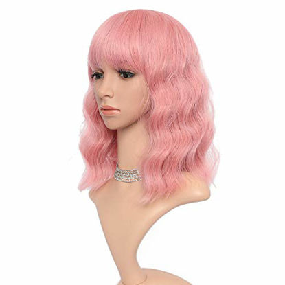 Picture of VCKOVCKO Long wavy Wig Loose Weave Pink Bob Wig with Air Bang Fluffy Curly Wavy Hair Wigs for Girl Synthetic Cosplay Party Wigs for Women (14", Pure Pink)