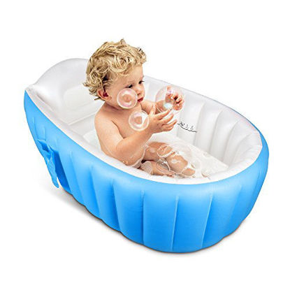 Picture of TOPIST Baby Inflatable Bathtub, Portable Mini Air Swimming Pool Kid Infant Toddler Thick Foldable Shower Basin with Soft Cushion Central Seat (Blue)