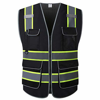 Picture of UNINOVA High Visibility Safety Vest - Multi Pockets Reflective Mesh Breathable Workwear, ANSI/ISEA Standards (Large, Black Mesh-02)