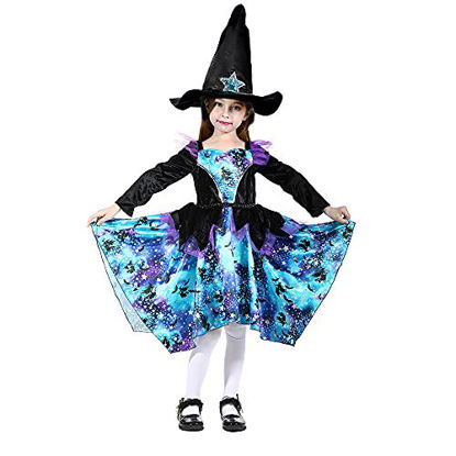 Picture of Lingway Toys Girls Halloween Witch Costume with Hat,Large Irregular Hem Circle Blue Witch Fancy Dress 3-4years