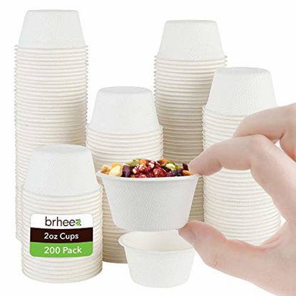 Picture of brheez 2 oz Disposable Bagasse Fiber Souffle Cups | 100% Natural Biodegradable & Compostable | Perfect for Condiments Small Portion & Samples Eco Friendly Paper Alternative - White [Pack of 200 Cups]