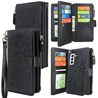 Picture of Harryshell Detachable Magnetic Zipper Wallet Leather Case Cash Pocket with 12 Card Slots Holder Wrist Strap for Samsung Galaxy S21+ S21 Plus 5G 6.7 Inch (2021) Floral Flower (Black)