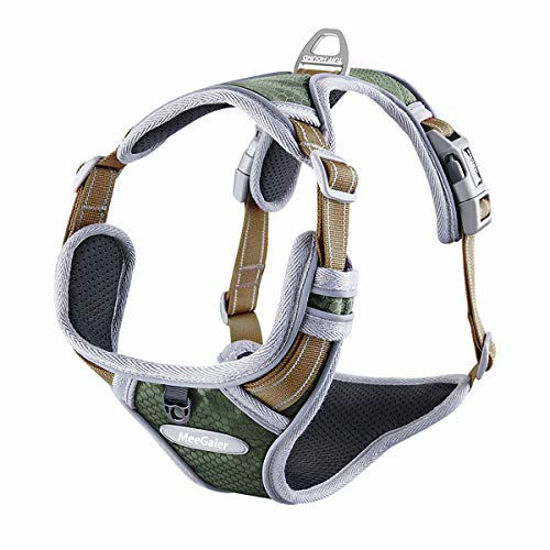 Picture of No Pull Dog Harness, Adjustable Dog Harness Reflective Working Training Breathable Soft Padded Pet Vest Easy Control Handle for Small Medium Large Dogs (S(15-20"), Dark Green)