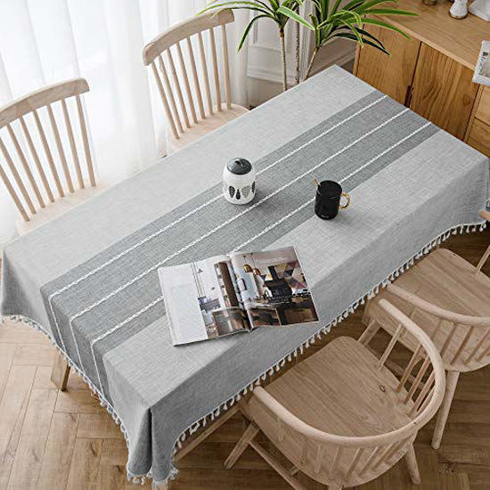 Picture of Oubonun Gray Tablecloth Embroidered Stitched with Fringe Tassels Rectangle Cotton Linen Fabric Stripe Tablecloths for Kitchen Dining, Party, Holiday, Christmas, Buffet, 55"x120", 10-12 Seats