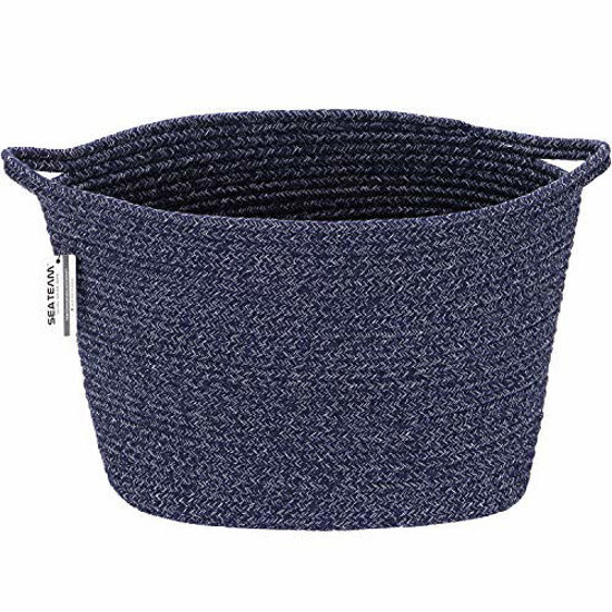 Picture of Sea Team Oval Cotton Rope Woven Storage Basket with Handles, Diaper Caddy, Nursery Nappies Organizer, Baby Shower Basket for Kid's Room, 14.2 x 9 x 11.4 Inches (Medium Size, Mottled Dark Blue)