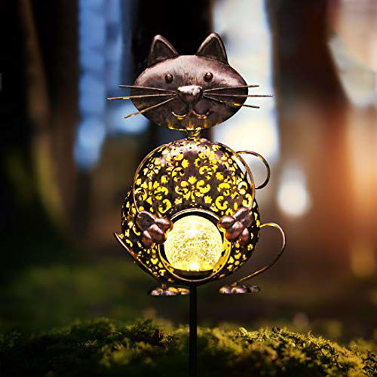 Picture of Kaixoxin Garden Solar Lights Metal Cat Crackle Glass Globe Stake Lights,Waterproof Warm White LED Solar Path Lights (Cat-Bronze)