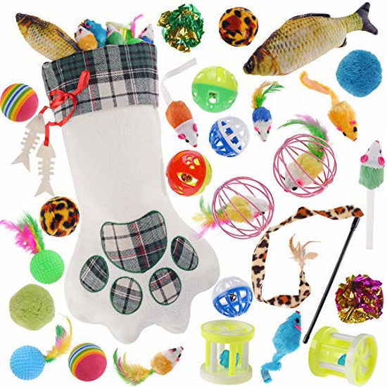 Picture of QBSM 18'' Cat Christmas Stocking with 26 Pcs Cat Toys, Large Paw Shape Personalize Hanging Kitten Stocking for Cats