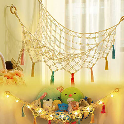 Picture of LICKLIP Corner Stuffed Animal Hammock with LED Light, Boho Macrame Toy Hammock with Colorful Tassels, Corner Plush Toy Net Holder, Hanging Net Storage Organizer for Nursery Play Room Bedroom Small