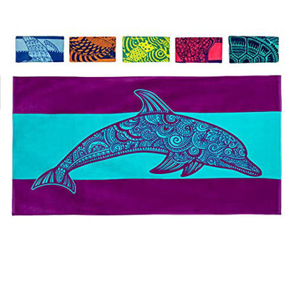 Picture of Nova Blue Dolphin Beach Towel - Tropical Blue & Purple Colors with A Unique Design, Extra Large, XL, Pool Towels (34x 63) Made from 100% Cotton