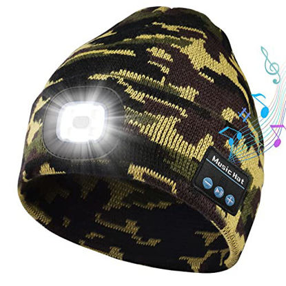 Picture of Bosttor Bluetooth Beanie Hat with Light, Upgraded Musical Knitted Cap with Headphones and Built-in Stereo Speaker Mic, Headlamp Hat for Running Hiking, Christmas Gifts for Men Women Teens, Army Green