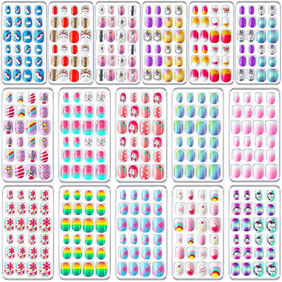 Picture of 384 Pieces Kids Press on Nails Mini False Nails with Designs Press on Nails for Kids Stick on Short Fake Nails for Girls Kids Nails Art Decoration, 16 Boxes (Rabbit, Unicorn)