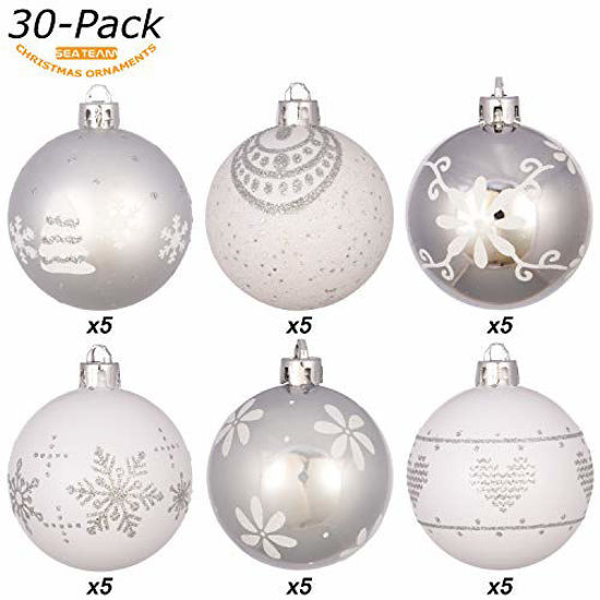 Picture of Sea Team 60mm/2.36" Delicate Contrast Color Theme Painting & Glittering Christmas Tree Pendants Decorative Hanging Christmas Baubles Balls Ornaments Set - 30 Pieces (Silver & White)