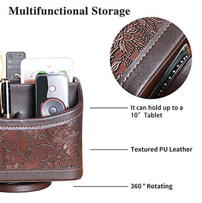 Picture of Antique Leather Remote Control Holder, 360 Degree Spinning Desk TV Remote Caddy/Box, Bedside Table Organizer for Controller, Media, Calculator, Mobile Phone and Pen Storage