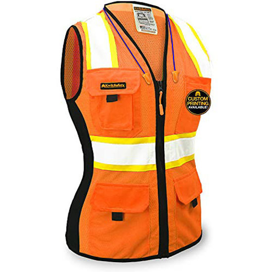 Picture of KwikSafety (Charlotte, NC) FIRST LADY Safety Vest for Women (Solid REFLECTIVE TAPE) Premium Class 2 Custom High Visibility ANSI OSHA 9 Pockets Fitted Construction Work with Zipper | Orange Small