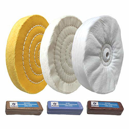 Picture of PURUI 6" Buffing Polishing Wheel With Polishing Compound Kit Used On Bench Grinder for Jewelry and Soft Metals-Includes 3PC 6" Buffing Wheels with 1/2" Arbor Hole and 3PC 100g Polishing compounds 6PC