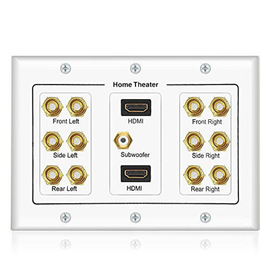 Picture of Banana Binding Post Coupler Type Wall Plate for 6 Speakers, 1 RCA Jack for Subwoofer & 2 HDMI Ports