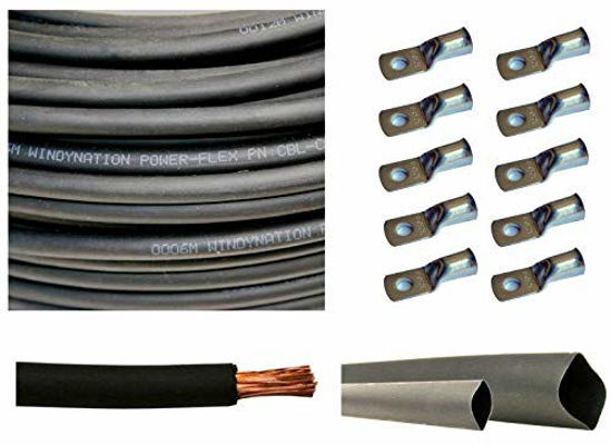 Picture of WNI 2 AWG 2 Gauge 5 Feet Black Battery Welding Pure Copper Ultra Flexible Cable + 5pcs of 5/16" & 5pcs 3/8" Copper Cable Lug Terminal Connectors + 3 Feet Heat Shrink Tubing