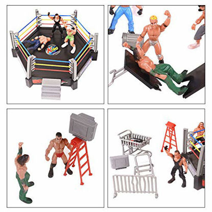 Picture of Mini Wrestling Figure Playset,Cage Warriors,12 Little Powerful Wrestlers and 20 Funny Accessories as Hammer,Broken Table,Chair,Ring etc.Great as Cake Topper,Collection,Birthday Gift for Kid Children