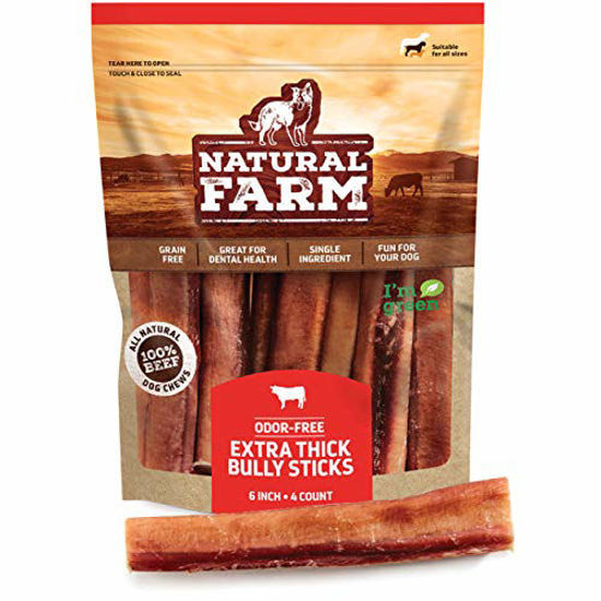 Picture of Natural Farm Bully Sticks - Odor Free, Extra-Thick Dog Treats, 6-Inch Long (4-Pack) - Fully Digestible 100% Beef Treats, Supports Dental Health - Keep Your Dog Busy with 50% Longer Lasting Chews