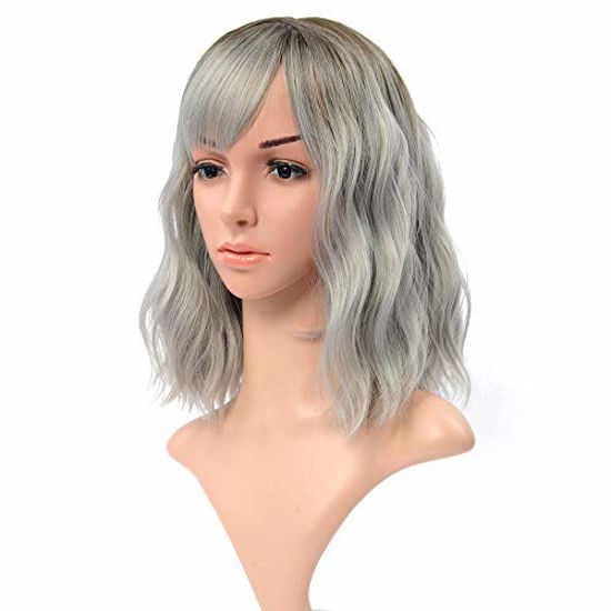 Picture of VCKOVCKO Ombre Color Natural Wavy Wig With Air Bangs Black to Gray Colorful Short Bob Wigs for Women's Shoulder Length Wigs Curly Wavy Cosplay Wig Bob Wig for Girls(12",Black-Gray)