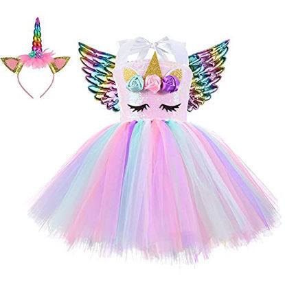 Picture of Unicorn Costume for Girls Rainbow Unicorn Dress for Birthday Party Unicorn Tutu Dress with Headband for Christmas Halloween Outfit 7-8 Years