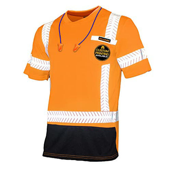 Picture of KwikSafety (Charlotte, NC) MECHANIC Short Sleeve (w/POCKET & Black Trim) Class 2 ANSI High Visibility Safety Shirt Fishbone Reflective Tape Construction Security Hi Vis Clothing Men | Orange Large